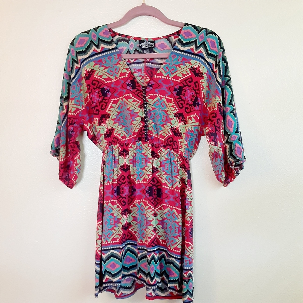 Angie Boho Tunic Mini Dress Red Multi Small